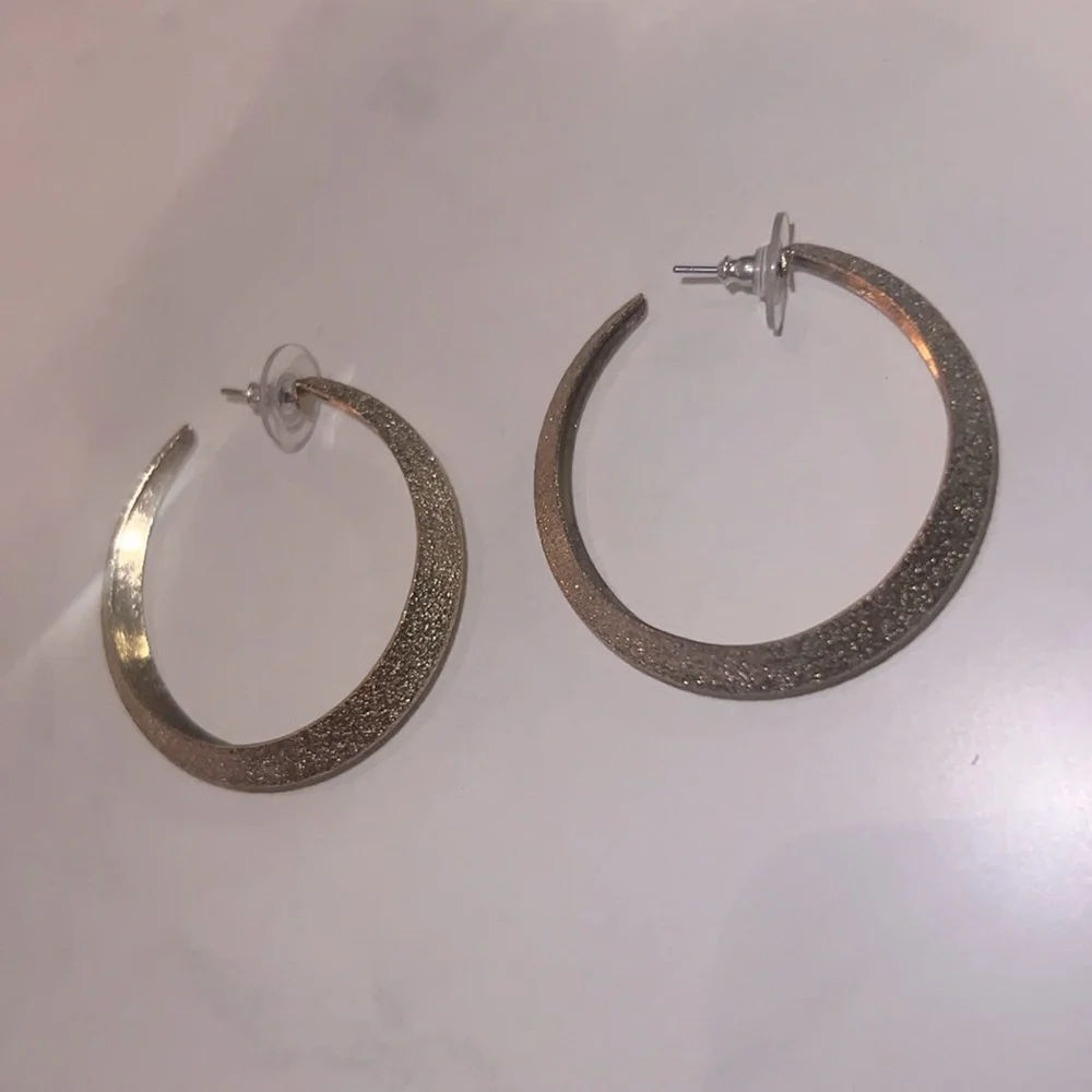 Gold sparkle textured hoops stud backing earrings open hoop 1.75” womens jewelry